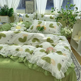 elvesmall Korean Bow Bedding Set Princess Ruffle Lace Girls Duvet Cover No Filling Flat Sheet Pillowcases Floral Quilt Cover Bed Linens