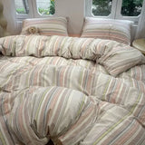 elvesmall Ins Stripe Color Cotton Bedding Set Twin Full Queen Size Bed Linen Girls Adult Floral Bed Flat Sheet Pillowcase Cream Style
