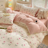 elvesmall Pink Tulip Bedding Set INS Pastoral Flowers Duvet Cover Queen Full Twin Size Flat Bed Sheet Floral Pillowcase Girls Bed Linen