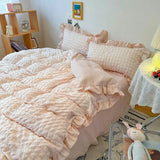 elvesmall Euro Solid Color Ruffle Bedding Sets Girl Couple Fluffy Queen Duvet Cover With Bed Skirt Pillowcase Bedroom Comfort 4 Pieces Set