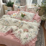 elvesmall Romantic French Flowers Lace Ruffles Bedding Set Washed Cotton Duvet Cover Bed Flat Sheet Pillowcases Girls Couple Bed Linens