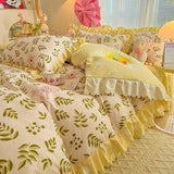elvesmall Fashion Lattice Bedding Set Bed Sheet Cute Princess AB Double Sided Ruffle Flower Quilt Cover Pillowcase Bedclothes Home Textile