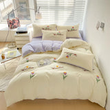elvesmall Ins Embroidery  Bed Linen Twin Full Queen King Size  Bed Sheets Set  Adults Kids Floral Bed Flat Sheet Pillowcase Christmas Gift