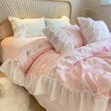 elvesmall Pink Korean Princess Style Lace Ruffles Wedding Bedding Set Seersucker Washed Cotton Soft Duvet Cover Set Bed Sheet Pillowcases