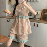 elvesmall  Plaid Sleepwear Women Pajama Sets Summer Pijama Shorts Sets 2 Pieces Korean Ruffles Night Wears Lace Pyjamas V-neck Home Suit
