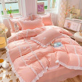 elvesmall  Kawaii Korean Bedding Sets No Filling Ins Princess Style Lace Bow Duvet Cover Fitted Sheet Girl Woman Home Bedroom Bed Linens