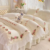 elvesmall Princess Style Korean Bed Skirt Bed Sheet Embroidered Ruffle Lace Quilt Cover Ins Bedding For Girls Luxury Home Textiles