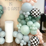elvesmall 135Pcs Race Car Balloon Garland Arch Kit Dusty Blue Green Latex Balloon Checkered Foil Balloons for Two Fast Party Decorations