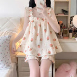 elvesmall  Strawberry Sleepwear Shorts Women Slash Neck Pajamas Sets Summer Piiama with Pad Korean Night Wears 2 Pieces Home Suit Pyjamas