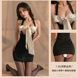elvesmall   Crotchless Secretary Uniform Women Sexy Lingerie Hollow Out Chest Bodycon Dress Exotic Halter Nightdress Adult Party Clubwear