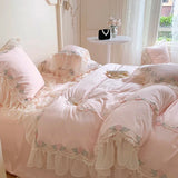 elvesmall  Princess Bedding Sets Egyptian Cotton Pink Lace Flowers Embroidery Duvet Cover Bed Sheet Pillowcases Home Textile