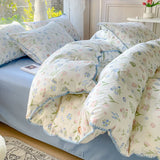 elvesmall Pastoral Girls Flower Bedding Sets, Washed Cotton Bed Linens, Soft Quilt Cover Sheet Set, Simple Bedspread, Home Textiles