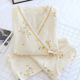 elvesmall 2024 Spring Crepe Kimono Long Sleeve Home Clothes Female Sleepwear Gauze Cotton V-Neck Home Suit Women's Pajama