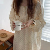 elvesmall Polka Dot Nightgown Sleepwear Women Korean Ruffles Night Dress Spring One Piece Pajamas Long Sleeve O-neck Home Wear New
