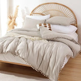 elvesmall  Pink Full Ball Pom Fringe Design Comforter Set 3pcs, Boho Aesthetic Luxurious Full Bedding Set, Vintage Ultra Soft Microfiber