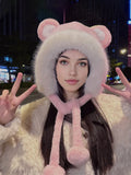 elvesmall A Winter Cute Bear Ear Warm Hat Women Plush  Beanie Hat Girls Windproof  Cap