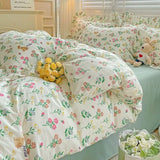 elvesmall Cute Floral Duvet Cover Set Ins Korean Style with Flat Sheet Pillowcase No filler Washed Cotton Queen Full Twin Home Bed Linen