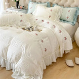 elvesmall  Princess Soft Seersucker Bedding Set Girls Elegant Lace Duvet Cover With Sheet Soft Washed Cotton French Romantic Home Textiles