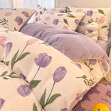 elvesmall  Winter Thickened Warm Flannel Queen Bedding Set Home Textile Cartoon Cute Duvet Cover Sheet Pillowcase 4pcs Luxury Bed Linen Set