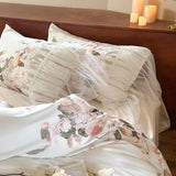 elvesmall  Romantic Lace Ruffles Rose Flowers Print Bedding Set Natural Lyocell Cotton Soft Silky Duvet Cover Bed Sheet Only 2 Pillowcases