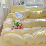 elvesmall High Quality INS Style Solid Color Bedding Set Washed Cotton Bed Linen Yellow Duvet Cover Flat Sheet Pillowcase Girls Bedclothes