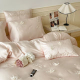 elvesmall -  French Style Flower Embroidered 100% Lyocell Bedding Set Pink High-end Natural Plant Fibres Duvet Cover Set Coolness Quilt Cover