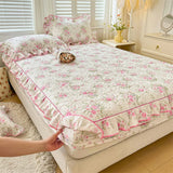 elvesmall 100% Cotton Mattress Cover Floral Style Bedspread Thickened Fitted Sheet Lace Bed Linen Quilted Bed Cover  (No Pillowcase)