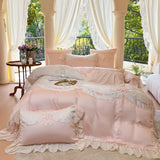 elvesmall 600TC Bamboo Lyocell Premium Elegant Sweet Bedding Set French Romance Flowers Embroidery White Lace Ruffle edge Duvet Cover 4Pcs