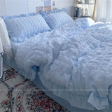 elvesmall  Quilt Cover INS Girl Blue Solid Color Seersucker Ruffles Lace Bedding Set Kawaii  Soft Sheet Woman Duvet Cover Pillow Covers