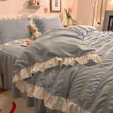 elvesmall Pink Ruffled Seersucker Duvet Cover Set 3/4pcs Soft Lightweight Down Alternative Grey Bedding  with Bed Skirt and Pillowcases