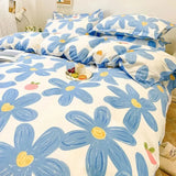 elvesmall  Cute Bear Bedding Set Girls Boys Kids Single Double Size Flat Sheet Duvet Cover Pillowcase Bed Linens White Blue Home Textile
