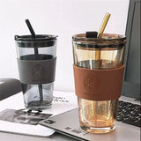 elvesmall  -  350/450ml Coffee Straw Cup With Lid Heat-Resistant Water Bottle Beer Drinkware Coffee Mug With Straw Deer Printed Leather Glass
