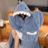 elvesmall  Shark Robe for Women Sleepwear Nightdress Winter Night Wears Warm Fleece Pajama One Piece Nightgown Button Long Sleeve Homewear