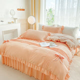 elvesmall 100% Cotton Solid Color Vintage Ruffled Duvet Cover Farmhouse Rustic Comforter Cover Geometric Stripes Bedding Set with 2 Sham
