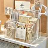 elvesmall Large Capacity Desk Pen Holder Pen Stand Transparent Stationery Organizer 5-Grid Acrylic Pencil Storage Box Cosmetic Organizer