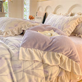 elvesmall  New Bedding Set High Weight Carved Milk Flour Set Girl Ruffle Bed Tulip Thicken Warm Quilt Cover Sheet Pillowcase Decor Bedroom