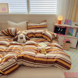 elvesmall Brown Stripe Bedding Comforter Set Pillowcase bed sheet Single Full Size Bed Linen Duvet Cover Set Queen/King Double Single Bed