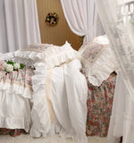 elvesmall American Style Pastoral Bedding Set Luxury Egyptian Cotton Bed Set Flowers Print Princess Lace Duvet Cover Bed Skirt Pillowcases