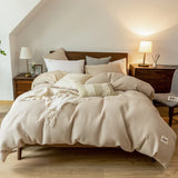 elvesmall Simple Waffle Lyocell Fiber and Cotton Bedding Set Queen Comfortable Breathable Duvet Cover Set Soft Skin-friendly Bedding Sets