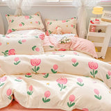 elvesmall Simple Plaid Style Duvet Cover with Pillowcases Flat Sheet Skin-friendly Quilt Cover Twin Bed Linens Adults Boys Bedding Sets