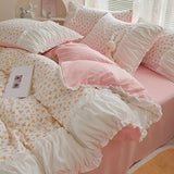 elvesmall  INS Princess Style Flower Bedding Set Duvet Cover With Ruffle Lace Bed Sheet Pillowcases Kawaii Girl Woman Bedroom Home Textiles