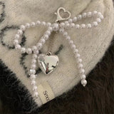 elvesmall White Bowknot Heart Keychain Women Sweet Charm Pearl Bow Backpack Key Ring Handmade Jewelry Ornament Bags Pendants Gif