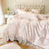 elvesmall  Pink French Style Princess Bedding Set Rose Embroidery Lace Ruffles Lyocell Fabric Soft Silky Duvet Cover Bed Sheet Pillowcases