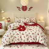 elvesmall  King Size Bedding Set 100% Cotton Red Wedding Bedding Set Floral Printed Bed Linen Duvet Cover Set Bed Sheets and Pillowcases
