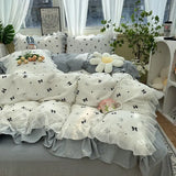 elvesmall Romantic French Flowers Lace Ruffles Bedding Set Washed Cotton Duvet Cover Bed Flat Sheet Pillowcases Girls Couple Bed Linens