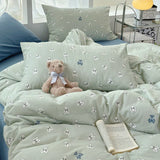 elvesmall New Floral Double Gauze 100% Cotton Bedding Set Breathable Fresh Queen Duvet Cover Set with Sheets Quilt Cover and Pillowcase