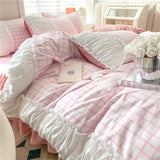 elvesmall Korean Style Princess Bedding Set Luxury Pink Lattice Duvet Cover Ruffles Lace Bedspread Bed Sheet Pillowcases