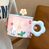 elvesmall  -  Ceramic Mug with Lid Handle, Cartoon Flower, Office, Home, Water Cup, Simple, Cute Couple, Breakfast Milk Coffee Cup Ins Fashion