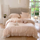 elvesmall High End Chiffon Lace Flowers Bedding Sets Egyptian Cotton Beige Bow Embroidery Princess Duvet Cover Bed Sheet Pillowcases