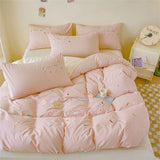 elvesmall Pink Bedding Sets Solid Color Washed Cotton Home Girls Bedroom Decor Duvet Cover Pillowcase Bedspread Embroidery Four Piece Set